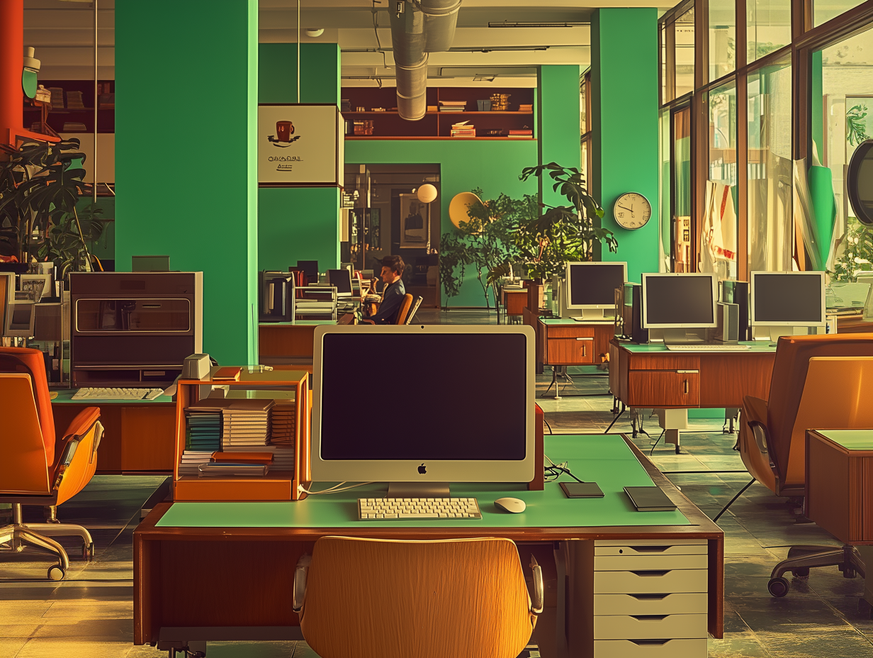 young marketing intern sitting by himself in a large marketing office